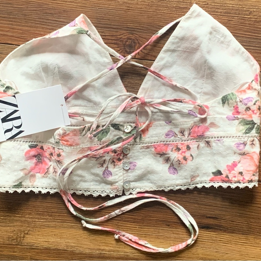 Zara Floral Crisscross Cropped Tie Back crop corset Sz M Wmns NWT - Picture 7 of 9
